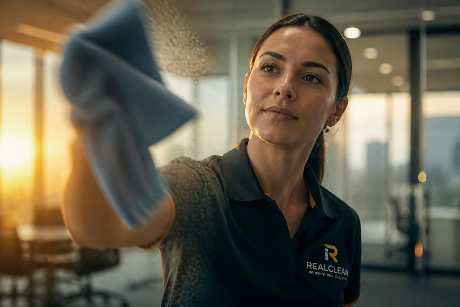 Squeaky Clean professional wiping glass conference wall at golden hour