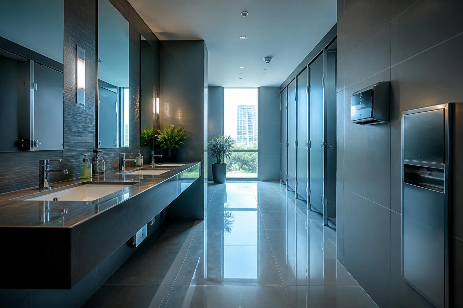 Pristine commercial restroom cleaned by Squeaky Clean